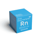 A three dimensional cube from the periodic table for Rn is pictured. It is light blue in color.