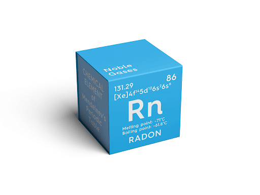 A three dimensional cube from the periodic table for Rn is pictured. It is light blue in color.