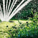 A lawn sprinkler is watering a lush green lawn. A bush is in the foreground.