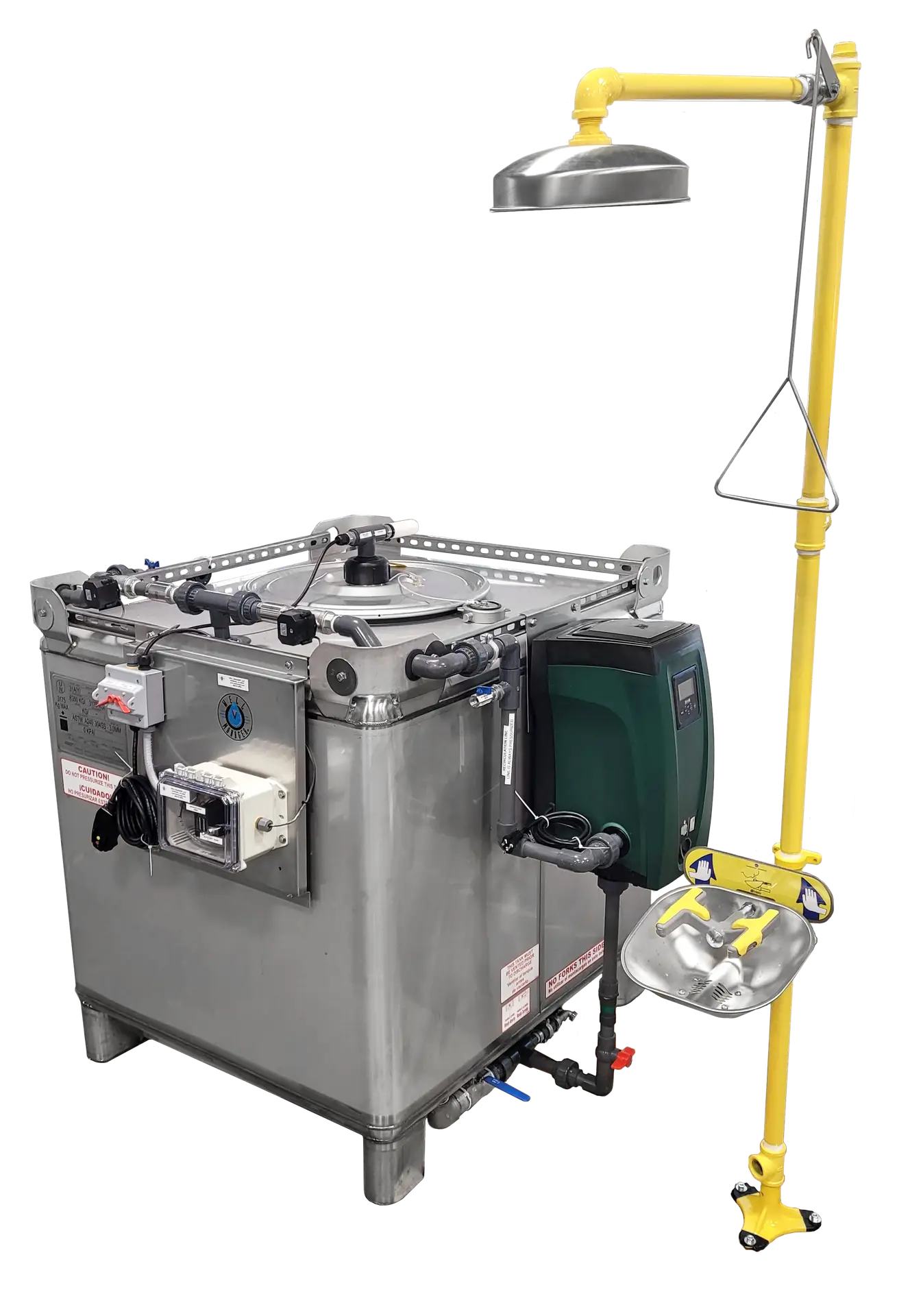 Well Manager LLC Emergency Eyewash Station for commercial use, providing water storage and consistent pressure in order to operate emergency shower and eyewash system.
