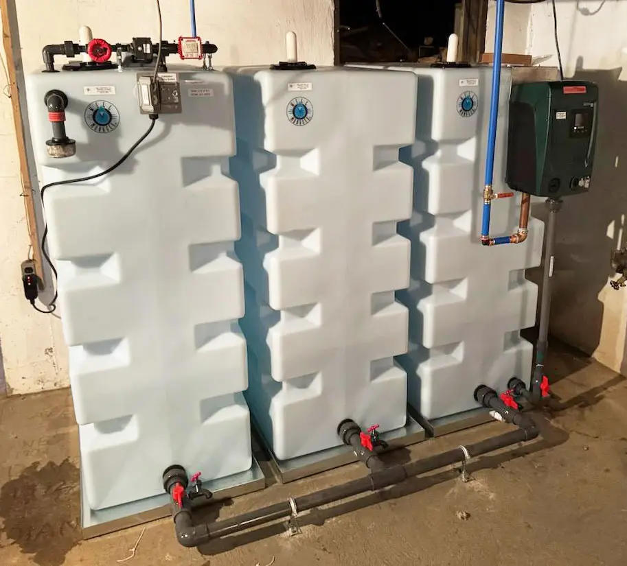 Well Watcher Vertical 3 Tank System with an external DAB E.SYBOX Mini 3 Pump providing a reliable solution for low-yield wells and low water pressure. Provides consistent output pressure for your home.