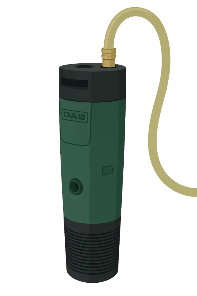 DAB DTRON 2 Pump with a garden hose coming out of the top to illustrate an example of how someone can use a DAB DTRON 2 Pump as an Emergency Water Solution against wildfires/fire