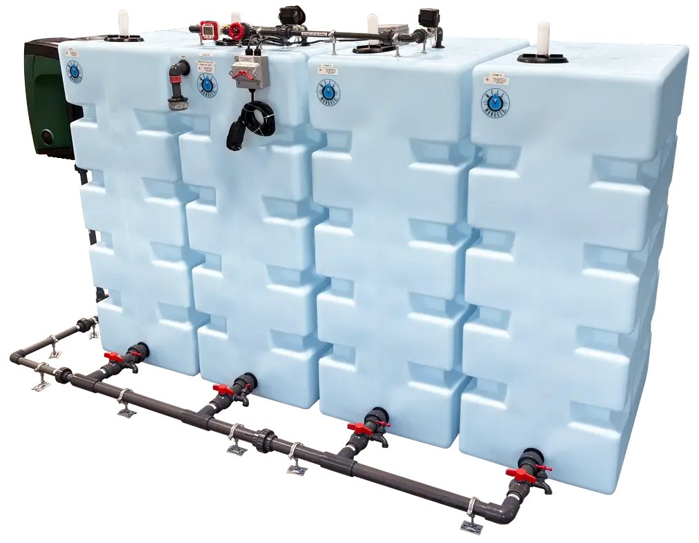 Well Watcher™ 4 Tank Vertical System with an external DAB E.SYBOX 2HP Pump to provide consistent output pressure as a solution for a low-producing well