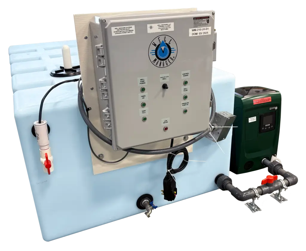 Well Manager® Low Horizontal System with an external DAB E.SYBOX Mini 3 Pump providing a consistent reliable water supply for a low producing well and low water pressure.