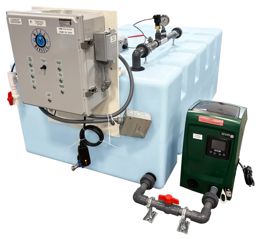 Well Manager® Low Horizontal System with an external DAB E.SYBOX Mini 3 Pump providing a consistent reliable water supply for a low producing well and low water pressure.