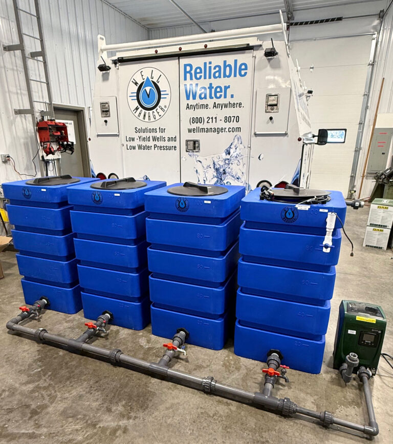 Well Manager® 100 gal 4 tank system with an external DAB Mini 3 Pump. Well Manager® Panel is Wall Mounted